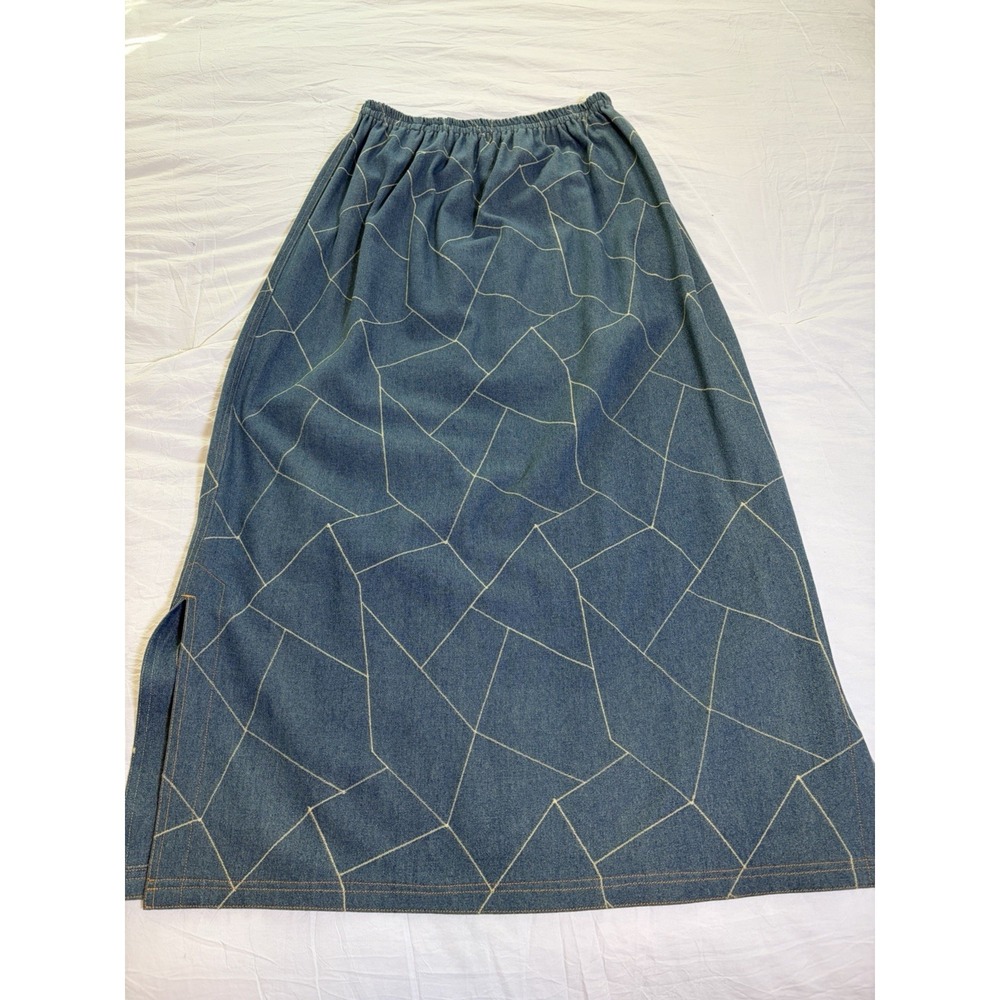 Blue Denim Embroidered Patchwork Maxi Skirt~Sz XL~Retro 70s Boho Festival Hippie - Picture 7 of 10